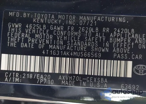 2021 Toyota Camry Se Hybrid из США, поврежденный, VIN 4T1G31AK4MU566569